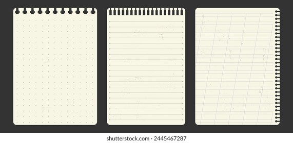 Paper sheets from a notepad. Set of realistic pages with texture. Collection of sheets with lines and cells.
