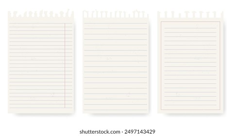 Paper sheets from a notepad. Set of realistic pages with texture. Collection of sheets with lines and cells.