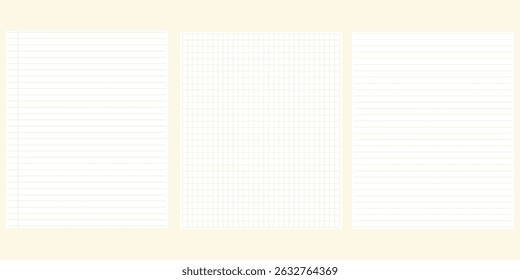 Paper sheets from a notepad. Set of realistic pages with texture. Collection of sheets with lines and cells.