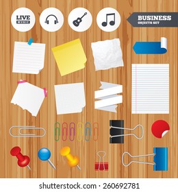 Paper sheets. Office business stickers, pin, clip. Musical elements icons. Musical note key and Live music symbols. Headphones and acoustic guitar signs. Squared, lined pages. Vector