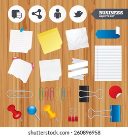 Paper sheets. Office business stickers, pin, clip. Social media icons. Chat speech bubble and Share link symbols. Bird sign. Human person profile. Squared, lined pages. Vector