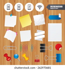 Paper sheets. Office business stickers, pin, clip. Mobile telecommunications icons. 3G, 4G and LTE technology symbols. Wi-fi Wireless and Long-Term evolution signs. Squared, lined pages. Vector