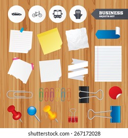Paper sheets. Office business stickers, pin, clip. Transport icons. Car, Bicycle, Public bus and Ship signs. Shipping delivery symbol. Family vehicle sign. Squared, lined pages. Vector