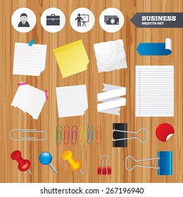 Paper sheets. Office business stickers, pin, clip. Businessman icons. Human silhouette and cash money signs. Case and presentation symbols. Squared, lined pages. Vector