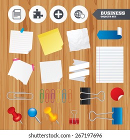 Paper sheets. Office business stickers, pin, clip. Plus add circle and puzzle piece icons. Document file and globe with hand pointer sign symbols. Squared, lined pages. Vector