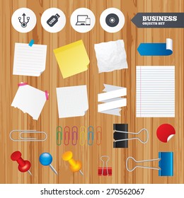 Paper sheets. Office business stickers, pin, clip. Usb flash drive icons. Notebook or Laptop pc symbols. Smartphone device. CD or DVD sign. Compact disc. Squared, lined pages. Vector