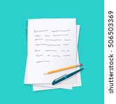 Paper sheets pile with abstract written text content, pen and pencil top vector, concept of writing or creating letter story, essay or message, author education,  workplace table isolated 