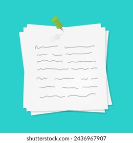 Paper sheets pile with abstract written text with a thumbtack vector design