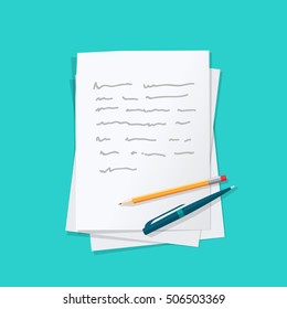 Paper sheets pile with abstract written text content, pen and pencil top vector, concept of writing or creating letter story, essay or message, author education,  workplace table isolated 