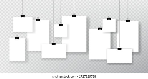 Paper sheets poster template on transparent background. Collection of blank frame layout hanging from paper clip. Vector illustration