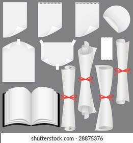 Paper sheets, scrolls  and book set (vector, CMYK)