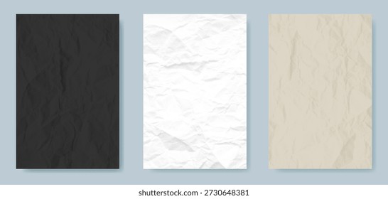 Folhas de papel definidas com textura de ponto de meio-tom. Folha vazia amassada de preto, branco e bege