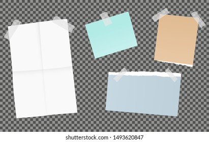 Paper sheets set sticked to the desk. Isolated on transparent background. Vector illustration.