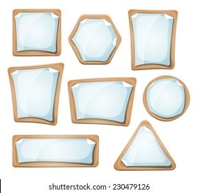 Paper Sheets Signs On Cardboard Set/ Illustration of a set of cartoon paper sheets and blank signs on cardboard, for advertisement messages or game ui graphic design