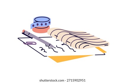 Paper sheets and stationery for doing homework. School supplies, notes for preparing for exam, test. Pen, copybook with writings for learning. Flat isolated vector illustration on white background