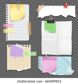 Paper sheets with stationery set including notebook pages pins and clip sticky tape isolated vector illustration