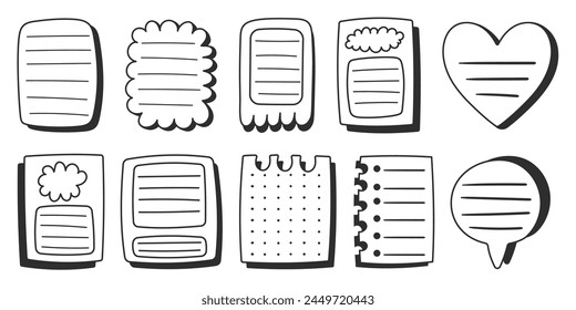 Paper sheets sticker collection in comics style, doodle black and white memo stickers. Creative journaling and note-taking illustration. Hand drawn vector elements set.