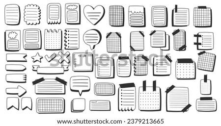 Paper sheets sticker collection in comics style, doodle black and white memo stickers. Creative journaling and note-taking illustration. Hand drawn vector elements set.


