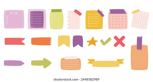 Paper sheets sticker collection for convenient note-taking and important date recording for creative journaling, functional and decorative memo stickers. Cute bright colors