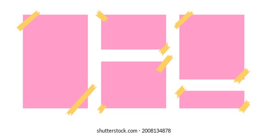 Paper sheets with sticky tape. Pink and yellow blank paper pages for memos and messages. Colored vector illustration isolated in white background