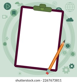 Paper sheets with text laying on bright colored background. Pencil draws main message. Notebook contains important information. Empty Space For Advertising.