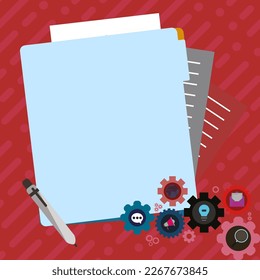 Paper sheets with text laying on bright colored background. Pencil draws main message. Notebook contains important information. Empty Space For Advertising.