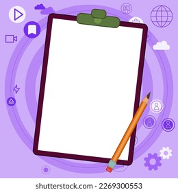 Paper sheets with text laying on bright colored background. Pencil draws main message. Notebook contains important information. Empty Space For Advertising.