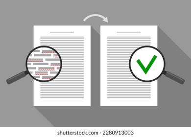 Paper sheets with text and red markings, and approved document with green tick. Concept of grammar and spelling check, misspellings detection, correction, proofreading, spell checker software