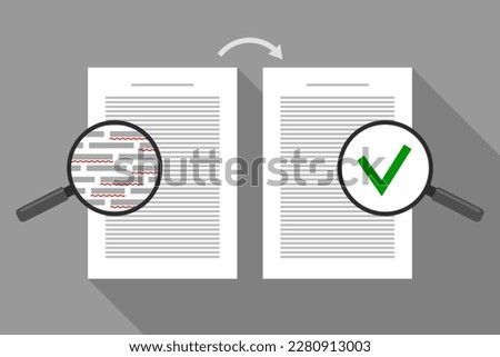 Paper sheets with text and red markings, and approved document with green tick. Concept of grammar and spelling check, misspellings detection, correction, proofreading, spell checker software