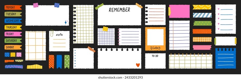 Paper sheets with torn edges for notes stuck on washi tape stripes. A set of stickers with the names of the days of the week. Information board for the daily planner