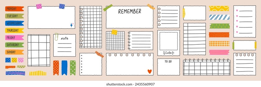 Paper sheets with torn edges for notes stuck. A set of washi tape stripes and stickers with the names of the days of the week. Information board for the daily planner in outline style