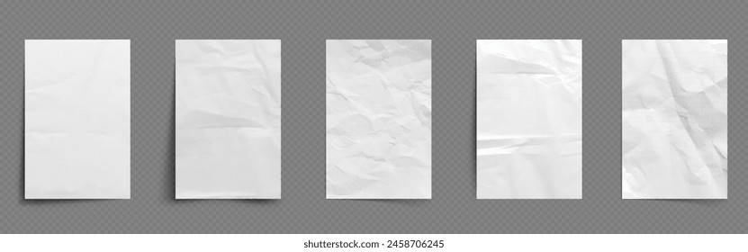 Hojas de papel con arrugas. Conjunto de Ilustración vectorial realista de páginas blancas y alineadas vacías con efecto arrugado. Diseño de maqueta de hoja en blanco con pliegue