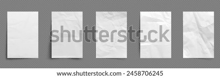 Paper sheets with wrinkles. Realistic vector illustration set of empty white and lined pages with crumpled effect. Design mockup of blank sheet with crease