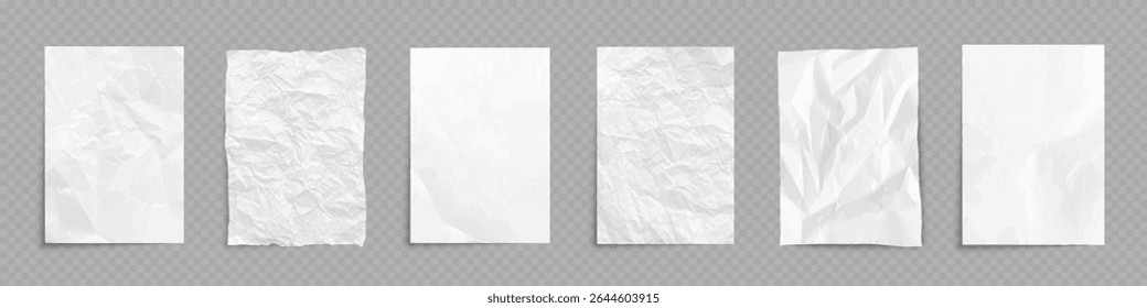 Paper sheets with wrinkles texture. Set of white empty vertical pages with smooth, folded, and wrinkled surfaces. Realistic vector illustration for notes, posters, or design mockups.