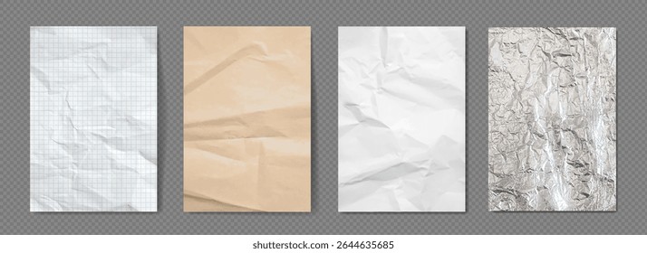 Paper sheets with wrinkles. White, crumpled pages, foil page, vintage craft texture of antique paper or parchment. Set realistic vector