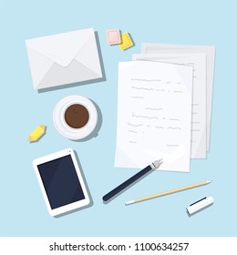Paper sheets with written text, envelope, postage stamps, fountain pen, pencil, smartphone, cup of coffee and sweet on table surface, top view. Letter writing. Flat cartoon vector illustration