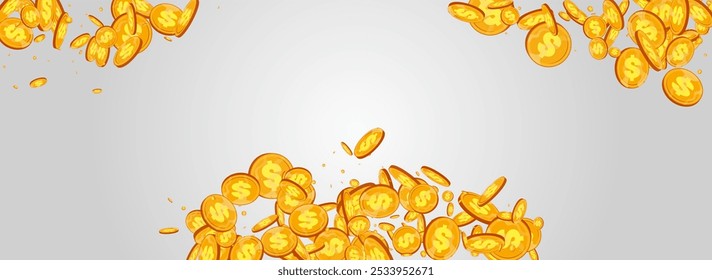Paper Shiny Currency Vector Gray Panoramic Background. Golden Money Falling Certificate. Metal Dollar Magazine. Flow Cash Flyer.