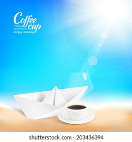 Paper ship with coffee cup over sand and sky. Vector illustration.
