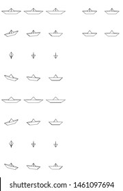 Paper ship created from folded paper. Sketch of the illustration. Black simple outline illustration on white background. 28 paper ships.