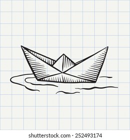 Paper Ship Doodle Icon. Hand Drawn Sketch In Vector