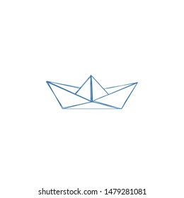 Paper Ship icon, paper marine icon. Yacht, sailboat, boat sign, outline symbol. Blue marine. Hand drawn, sketch design. Paper ship travel, delivery concept.