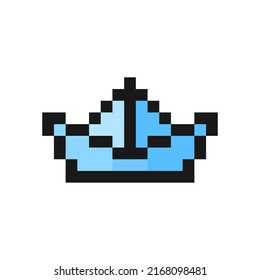 Papierschiff-Symbol in Pixel-Art-Design einzeln auf weißem Hintergrund, Vektorsymbol auf Papier