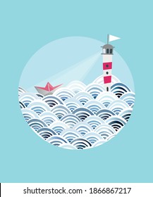 Paper ship and lighthouse at sea