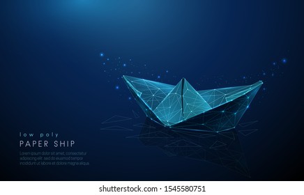 Paper ship. Low poly style design. Abstract geometric background. Wireframe light connection structure. Modern 3d graphic concept. Isolated vector illustration.