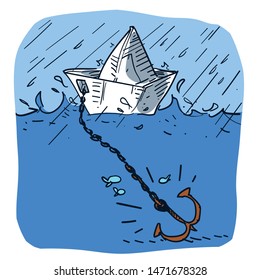 paper ship moored in a choppy and unreliable sea and stormy weather. a cartoon by representing by market conditions, marketing, risk analysis, money investment, financial risk or risk management, etc.