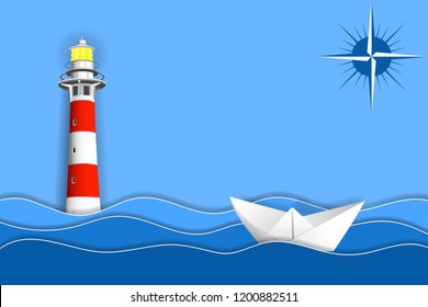 Paper ship in ocean waves, lighthouse and sign of a compass. Paper layers and shapes as sea landscape. Vector EPS10