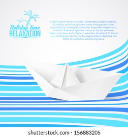 Paper ship on blue waves. Vector illustration.