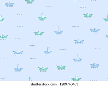 Paper ship on water waves seamless pattern. Blue sketch origami ships, boats, cute doodle baby elements. Sea, delivery concept. Childish background. Hand drown design for boys. Vector illustration