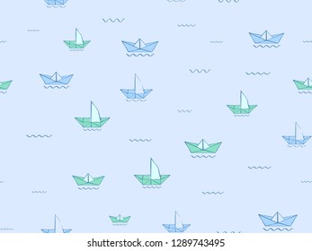 Paper ship on water waves seamless pattern. Blue sketch origami ships, boats, cute doodle baby elements. Sea, delivery concept. Childish background. Hand drown design for boys. Vector illustration