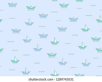 Paper ship on water waves seamless pattern. Blue sketch origami ships, boats, cute doodle baby elements. Sea, delivery concept. Childish background. Hand drown design for boys. Vector illustration